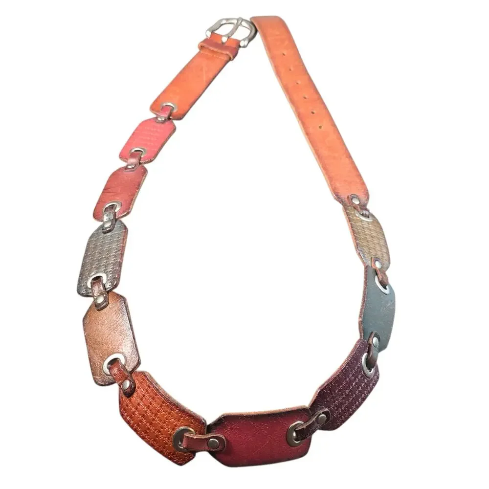 Vintage Fossil Multicolor Leather Link Belt Brass Buckle Boho Western 44
